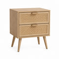 Table de chevet 2 tiroirs chêne clair en MDF plaqué chêne et rotin naturel 50 x 40 x 60 cm