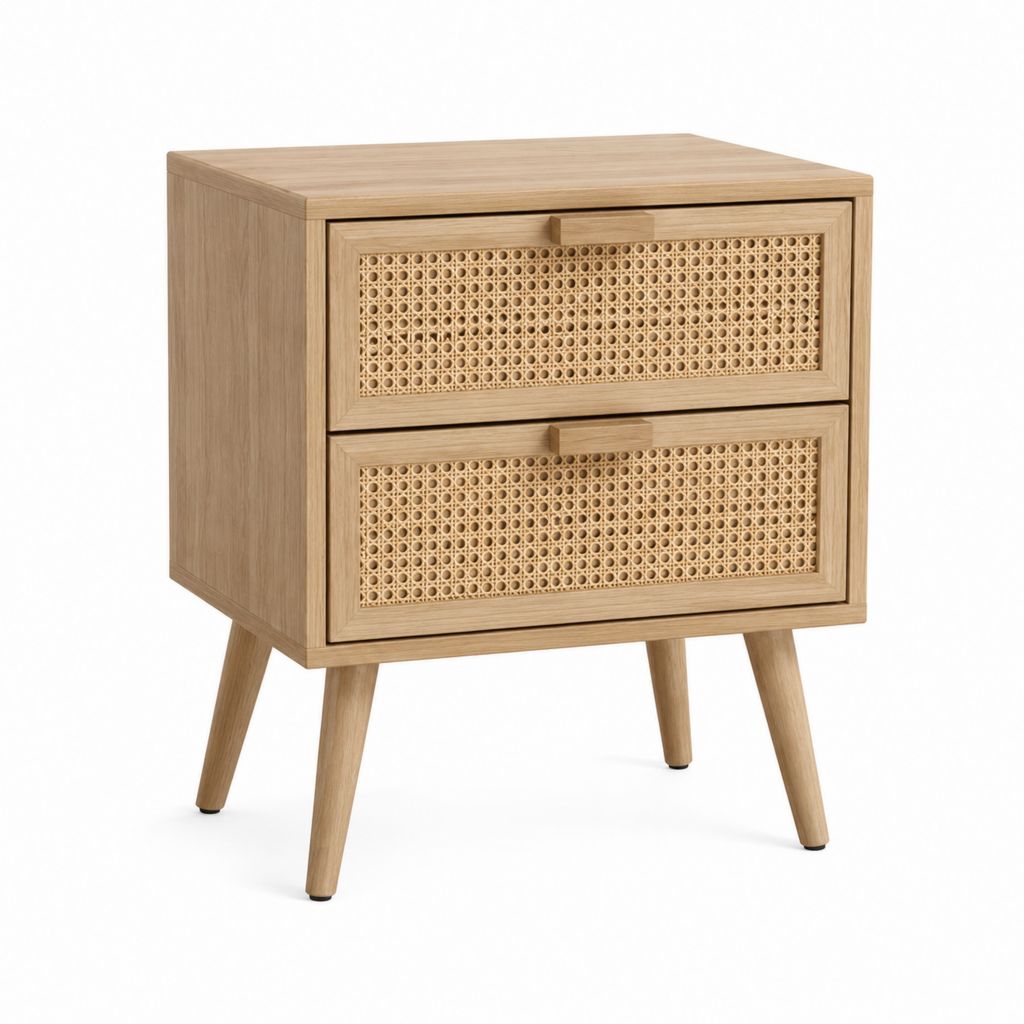 Table de chevet 2 tiroirs chêne clair en MDF plaqué chêne et rotin naturel 50 x 40 x 60 cm