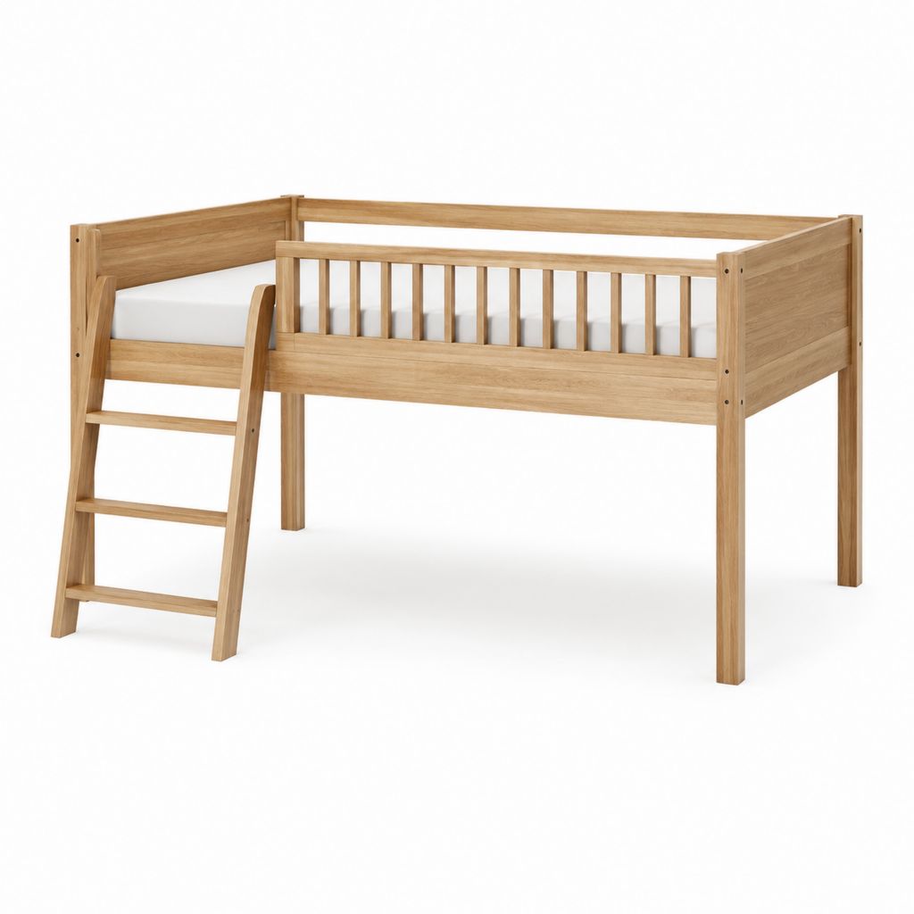 Lit mi-hauteur enfant naturel en bois massif rectangulaire 90 x 200 cm 208 x 98 x 113 cm