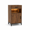 Table de chevet haute marron effet chêne en panneaux de particules avec tiroir porte et éclairage LED 60 x 40 x 90 cm