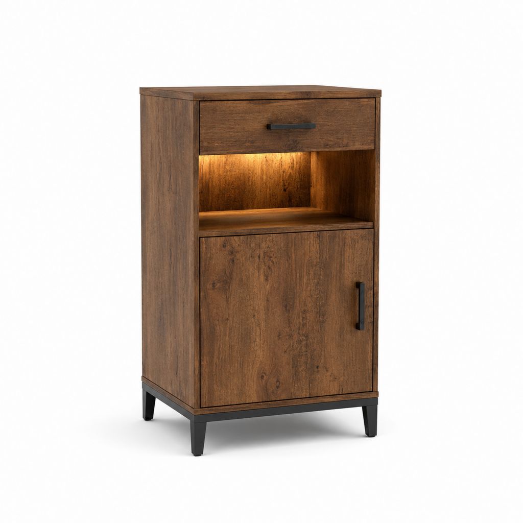 Table de chevet haute marron effet chêne en panneaux de particules avec tiroir porte et éclairage LED 60 x 40 x 90 cm