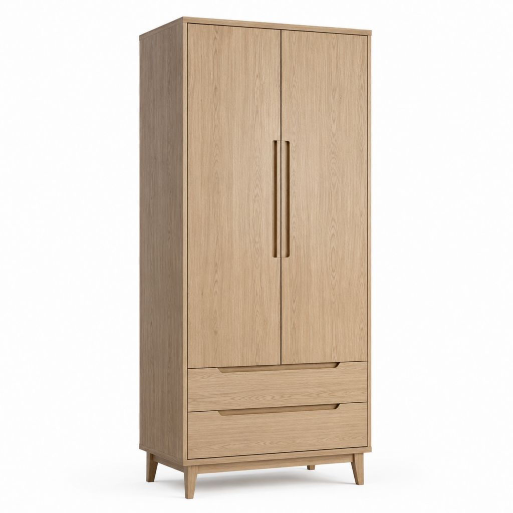 Armoire de chambre 2 portes avec 2 tiroirs chêne naturel en panneaux de particules 80 x 50 x 190 cm