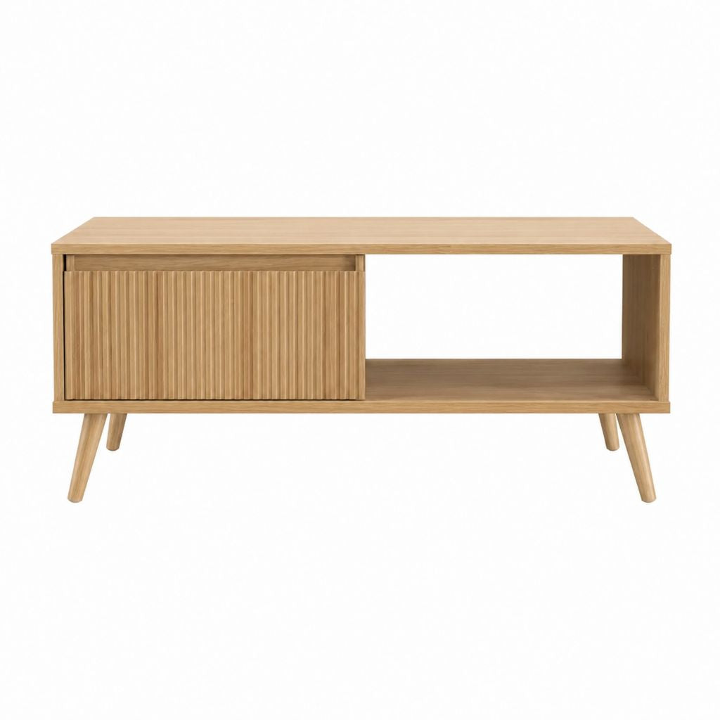 Table basse rectangulaire en MDF plaqué chêne naturel avec porte coulissante 120 x 40 x 50 cm