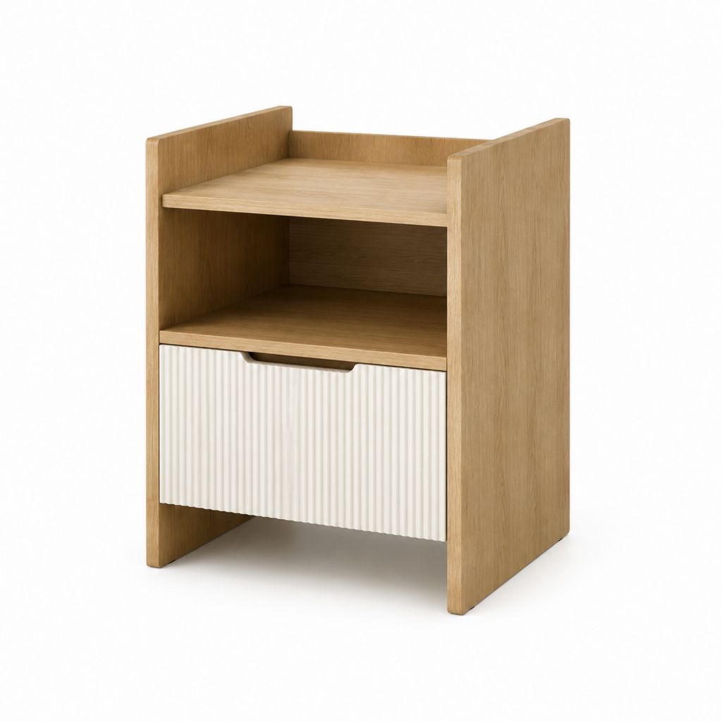 Table de chevet avec tiroir blanc et décor chêne en panneaux de particules 40 x 35 x 60 cm