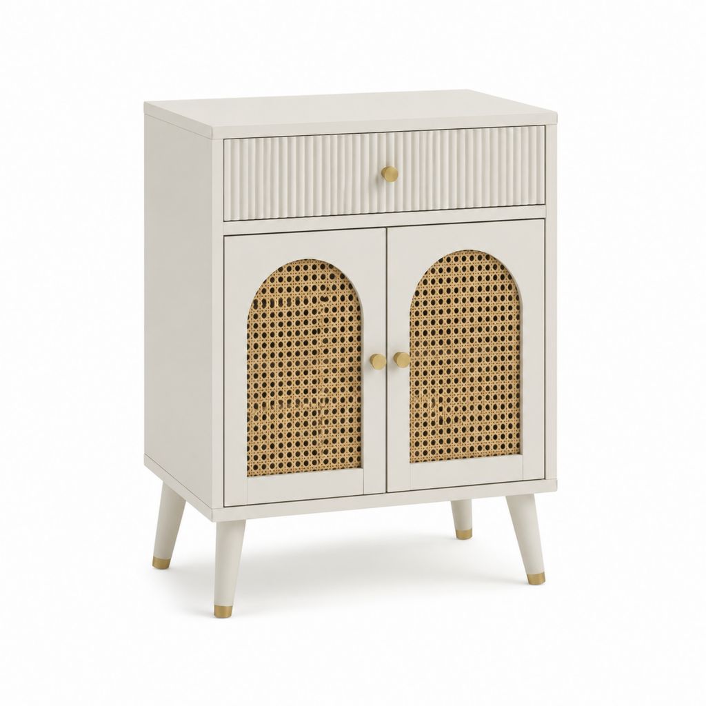Table de chevet blanche en MDF et rotin naturel avec 1 tiroir et 2 portes 60 x 40 x 75 cm