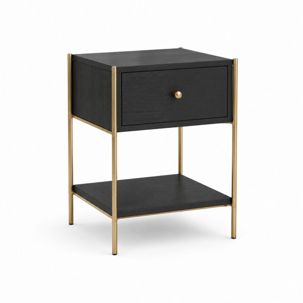 Table de chevet noire en MDF avec cadre en acier doré 45 x 40 x 60 cm