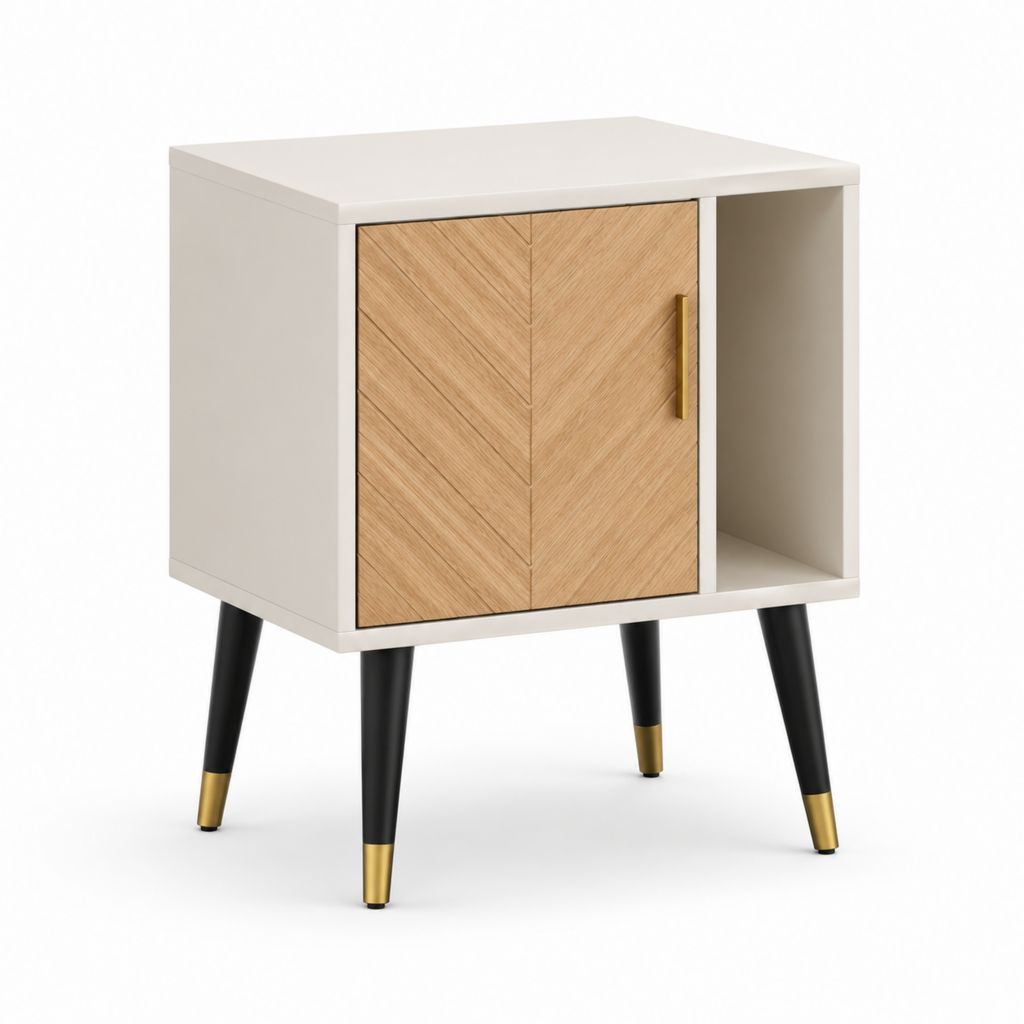 Table de chevet 1 porte avec niche blanche et décor chêne en panneaux MDF 50 x 40 x 60 cm