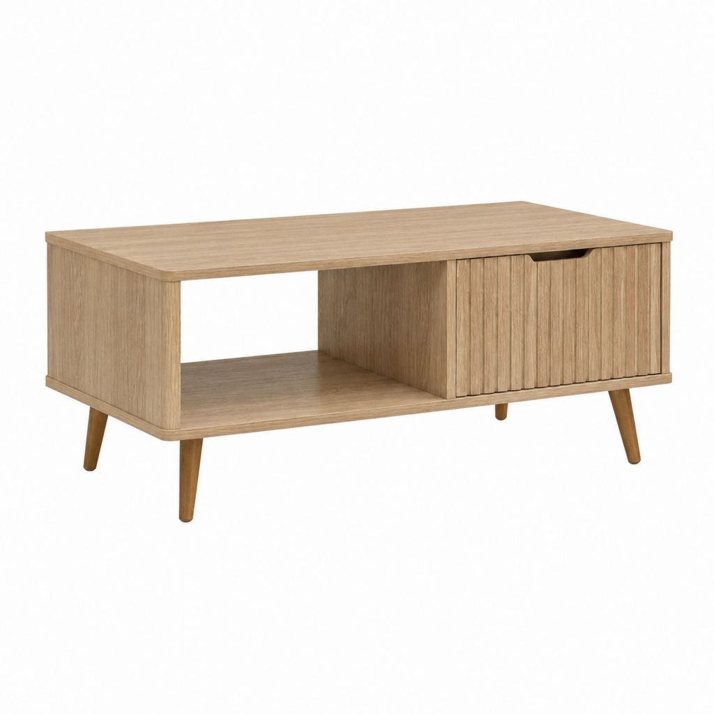 Table basse rectangulaire chêne clair en MDF plaqué chêne avec rangement 100 x 50 x 45 cm