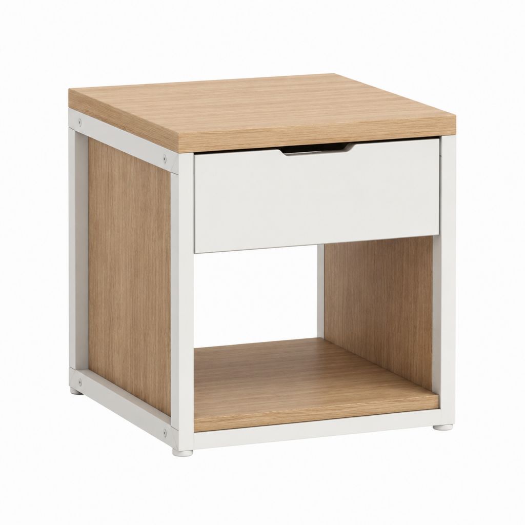 Table de chevet avec tiroir blanc et chêne clair en panneaux de particules et acier 40 x 40 x 50 cm