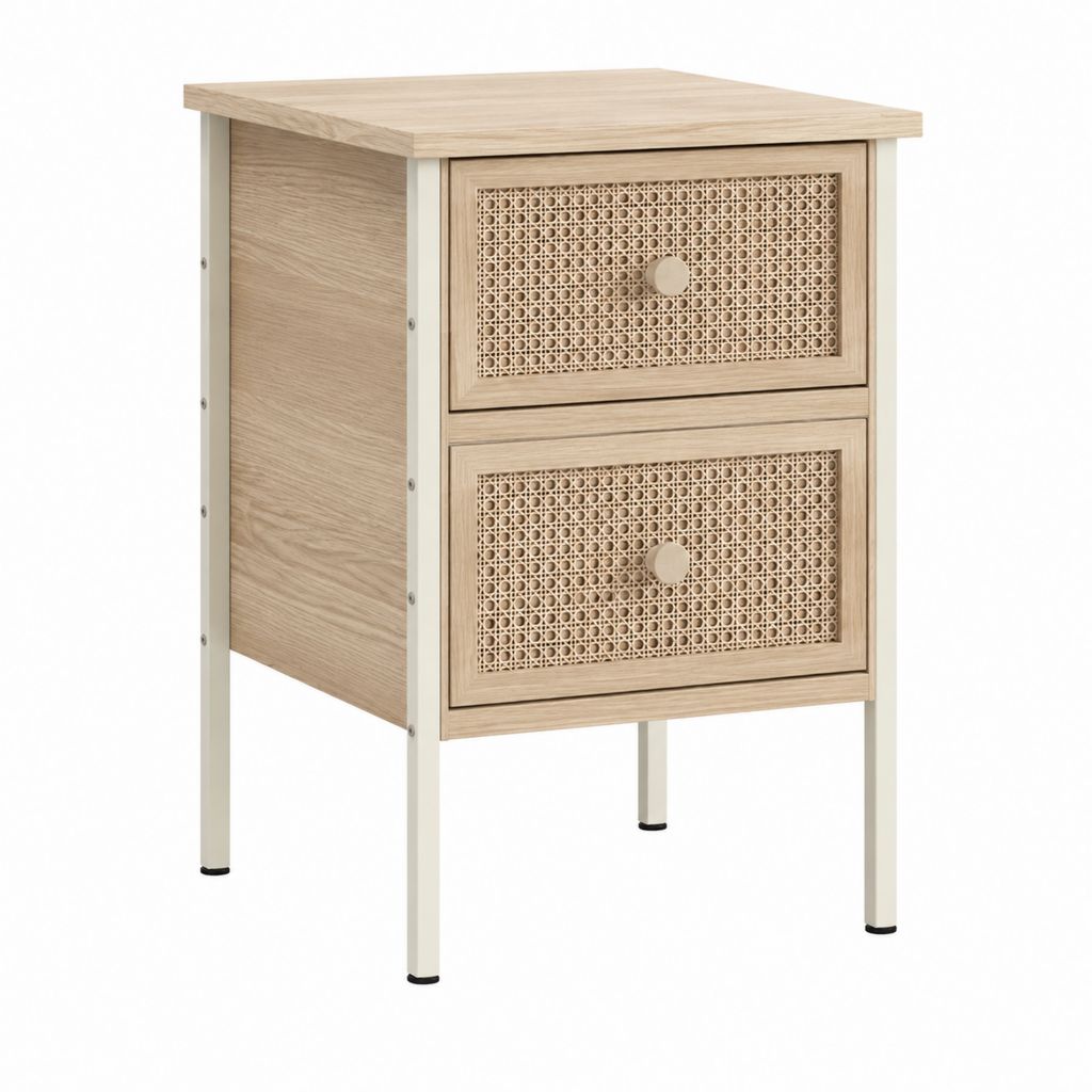Table de chevet 2 tiroirs beige et blanc en MDF et acier rectangulaire 40 x 35 x 60 cm