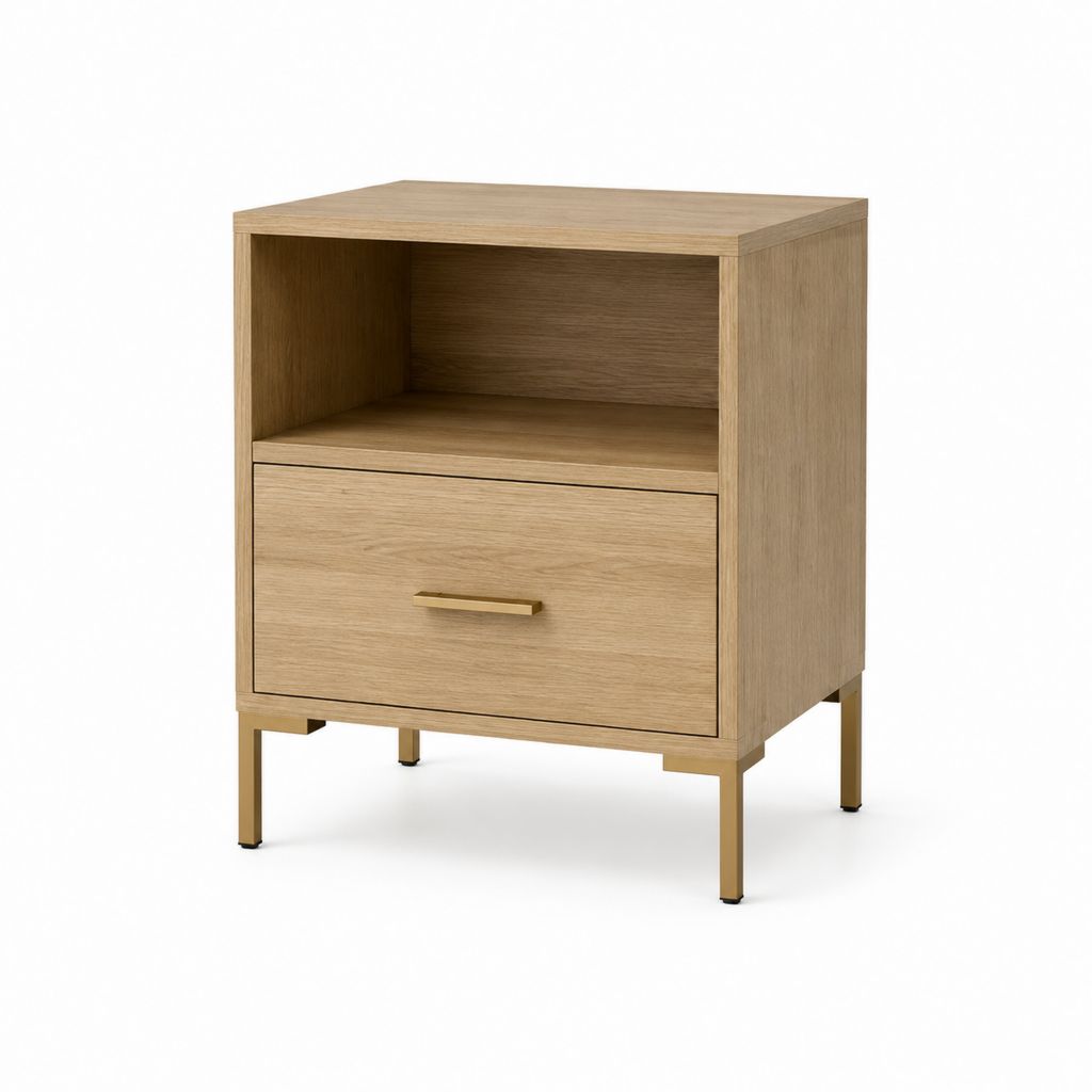 Table de chevet chêne clair en MDF plaqué chêne avec tiroir et niche 50 x 40 x 60 cm