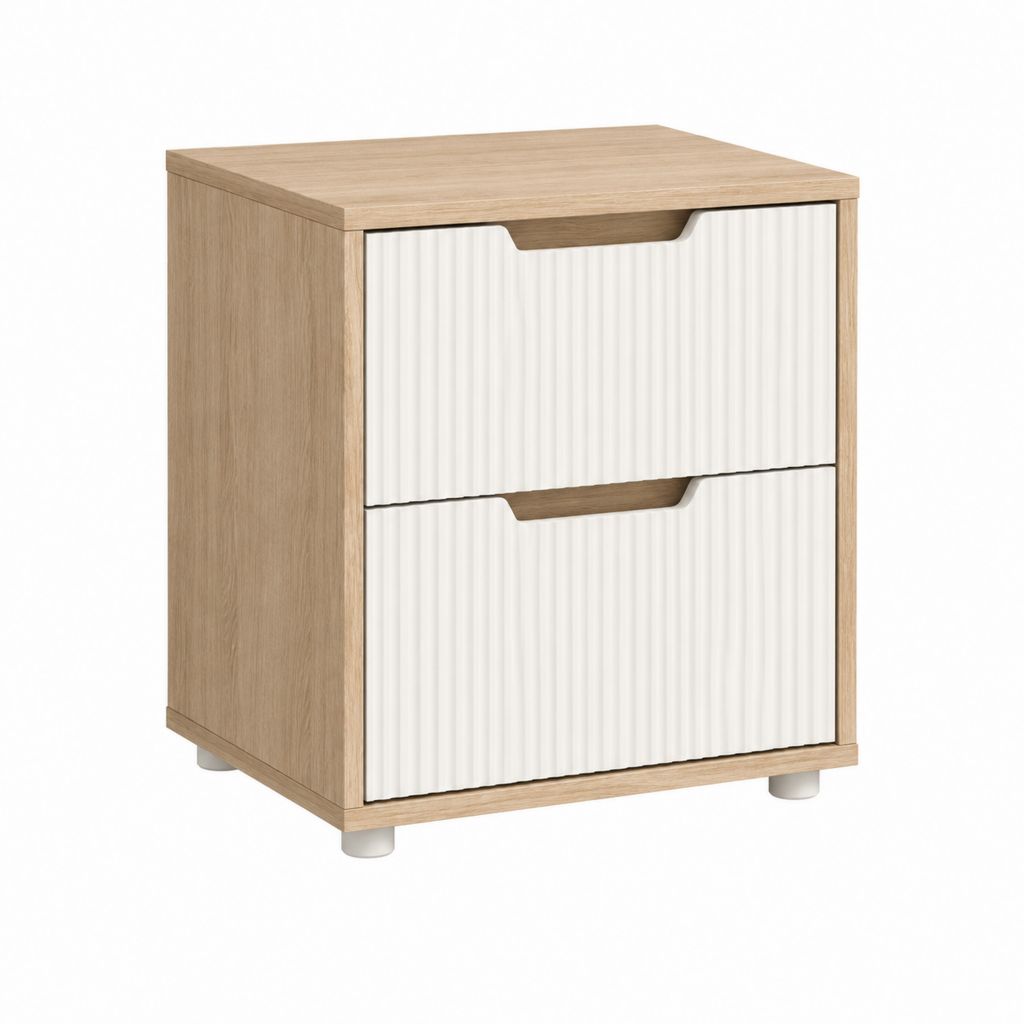 Table de chevet à 2 tiroirs blanc et chêne clair en panneaux de particules mélaminés 40 x 35 x 55 cm
