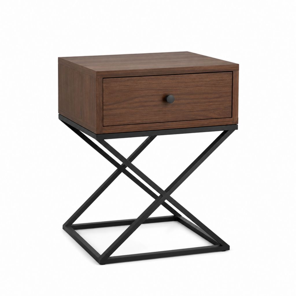 Table de chevet 1 tiroir marron noyer et acier noir en X 50 x 40 x 60 cm
