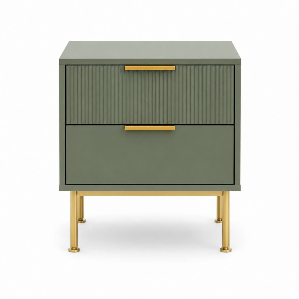 Table de chevet à 2 tiroirs vert olive en MDF et acier 60 x 40 x 65 cm