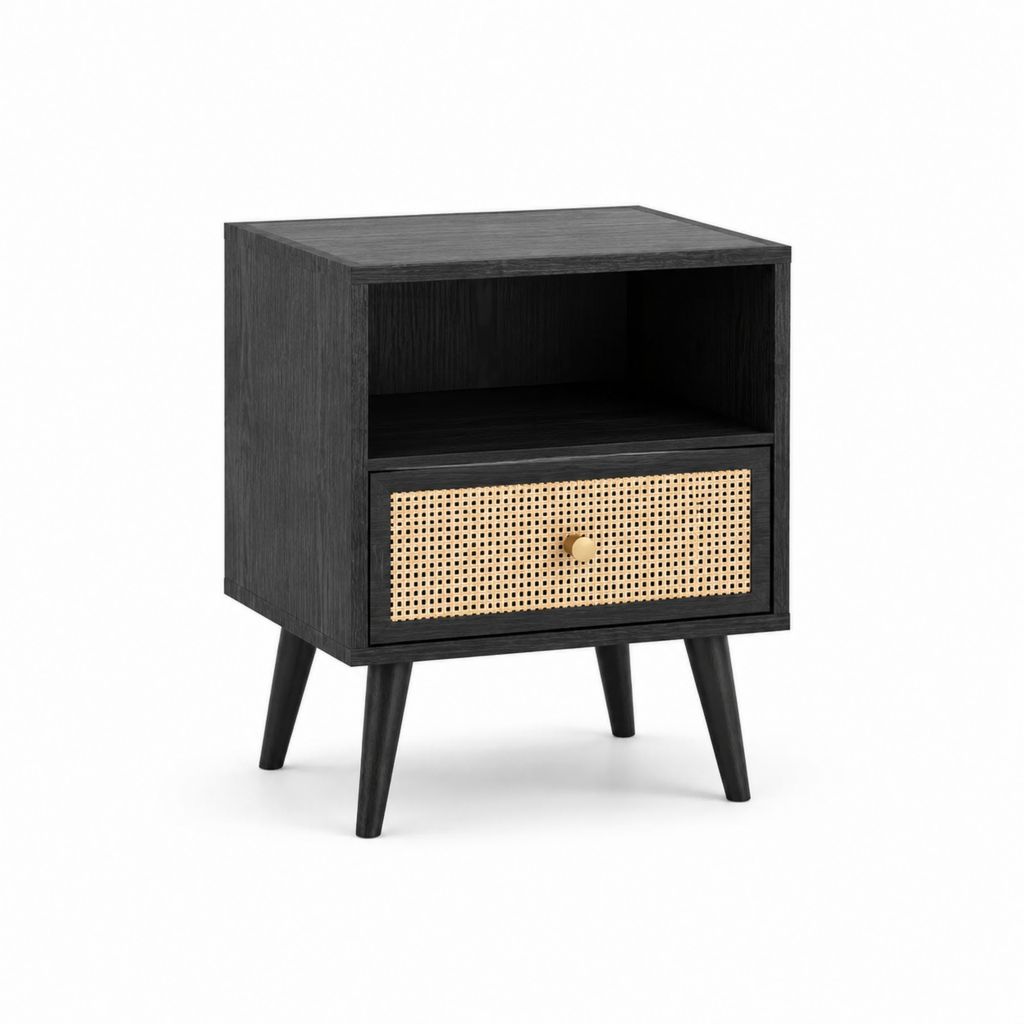 Table de chevet noire en MDF avec tiroir cannage 40 x 35 x 55 cm