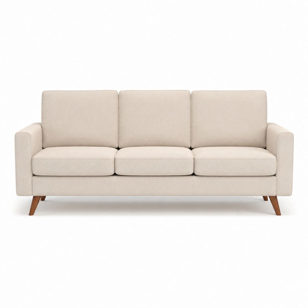 Canapé droit 3 places beige en polyester avec pieds en bois massif 210 x 85 x 84 cm