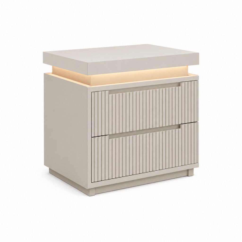 Table de chevet rectangulaire ivoire en MDF laqué avec 2 tiroirs et éclairage LED 50 x 40 x 55 cm